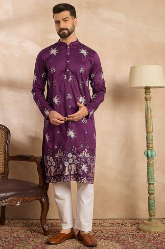 Men purple polyester solid embroidered straight kurta