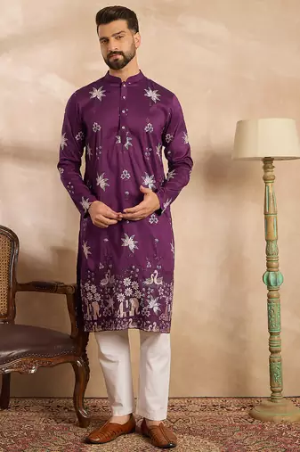 Men purple polyester solid embroidered straight kurta