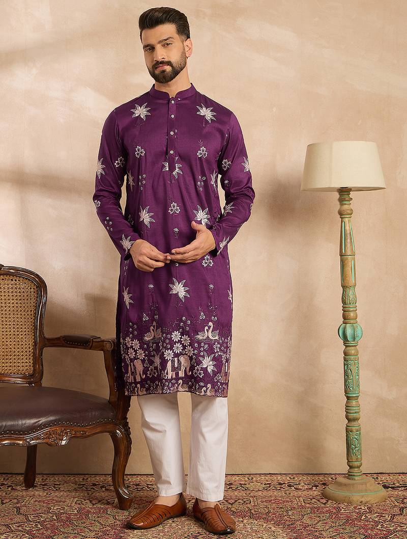 Men purple polyester solid embroidered straight kurta