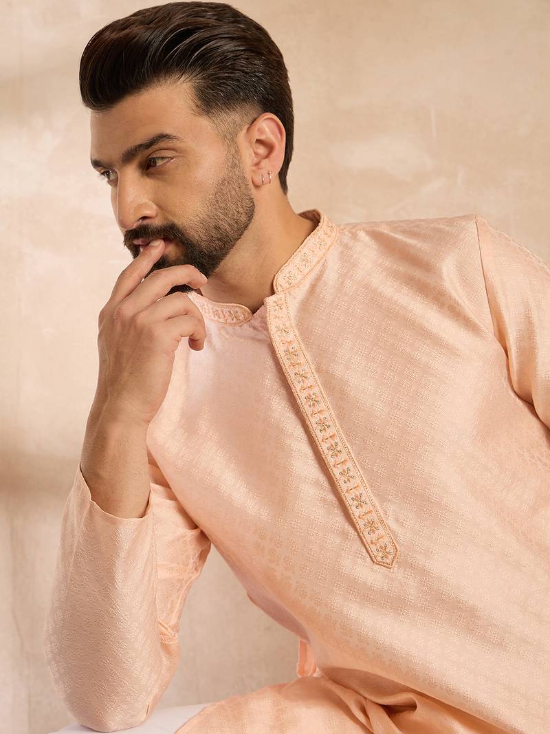 Men beige polyester solid embroidered straight kurta