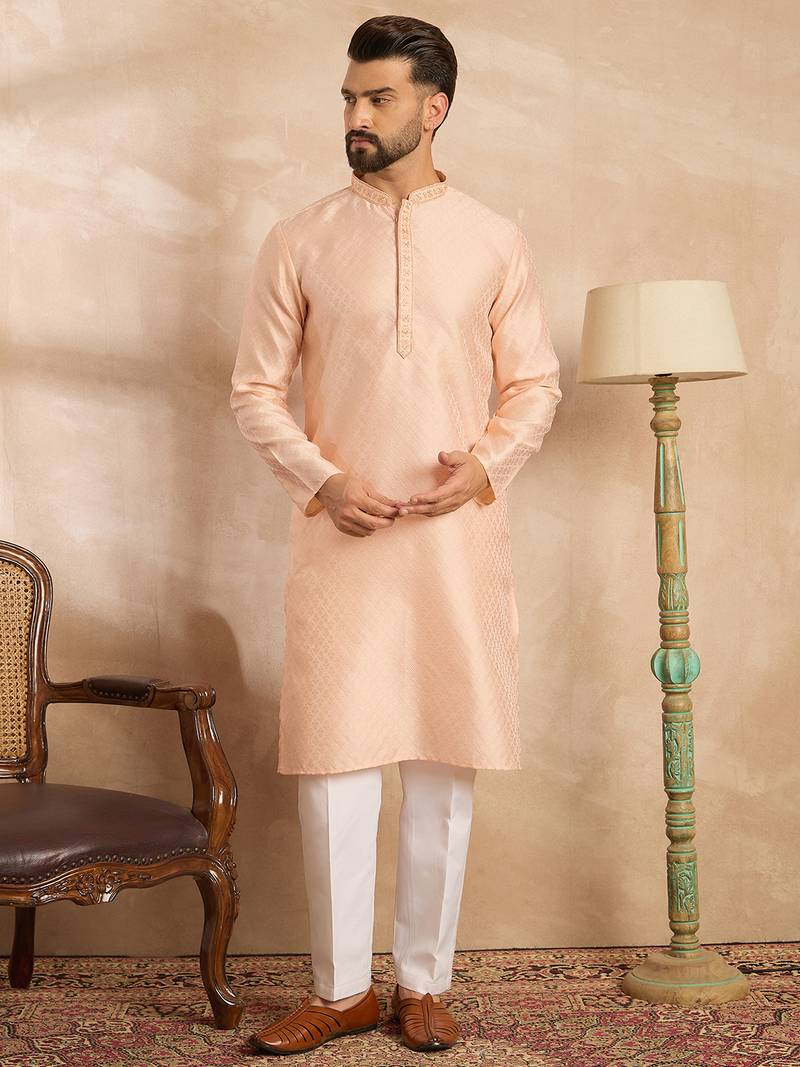 Men beige polyester solid embroidered straight kurta