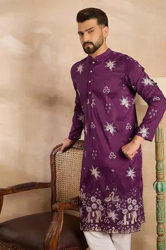 Men purple polyester solid embroidered straight kurta