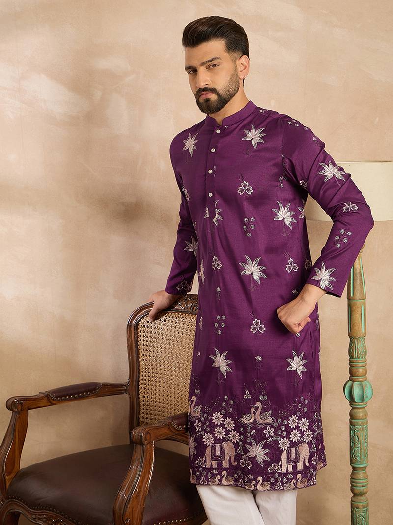 Men purple polyester solid embroidered straight kurta