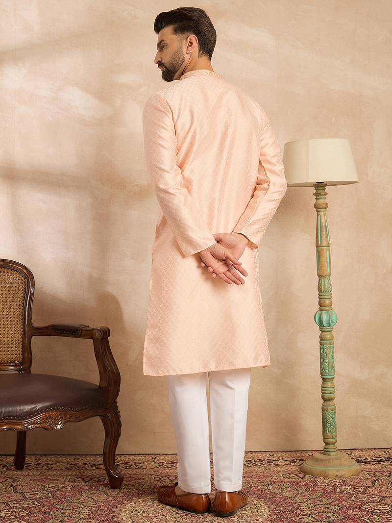 Men beige polyester solid embroidered straight kurta