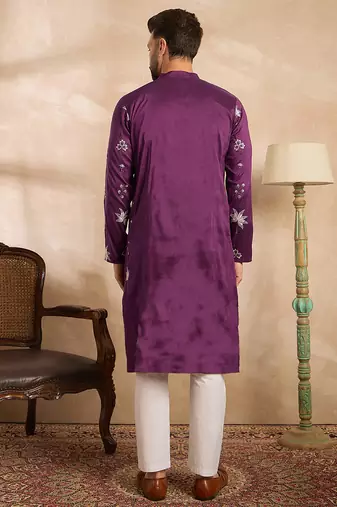 Men purple polyester solid embroidered straight kurta