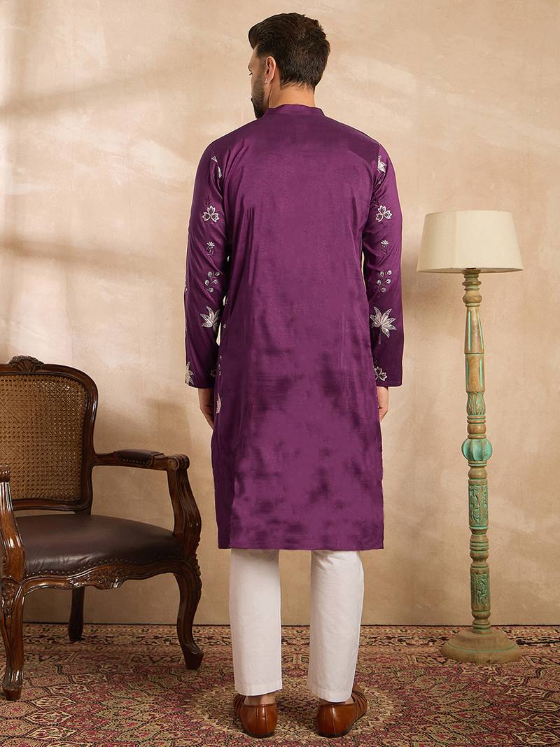 Men purple polyester solid embroidered straight kurta