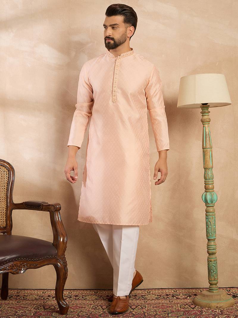 Men beige polyester solid embroidered straight kurta