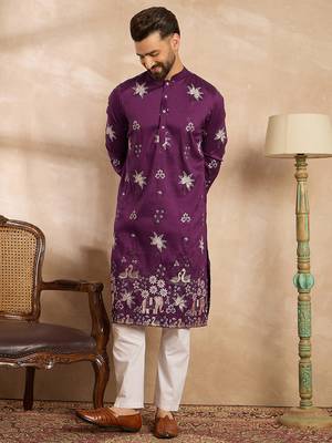 Men purple polyester solid embroidered straight kurta 5