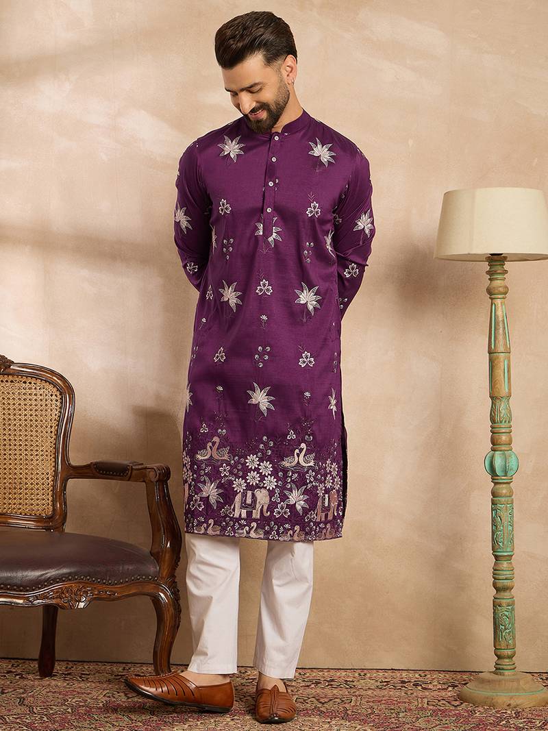 Men purple polyester solid embroidered straight kurta
