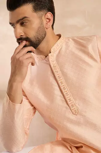 Men peach polyester solid embroidered straight kurta