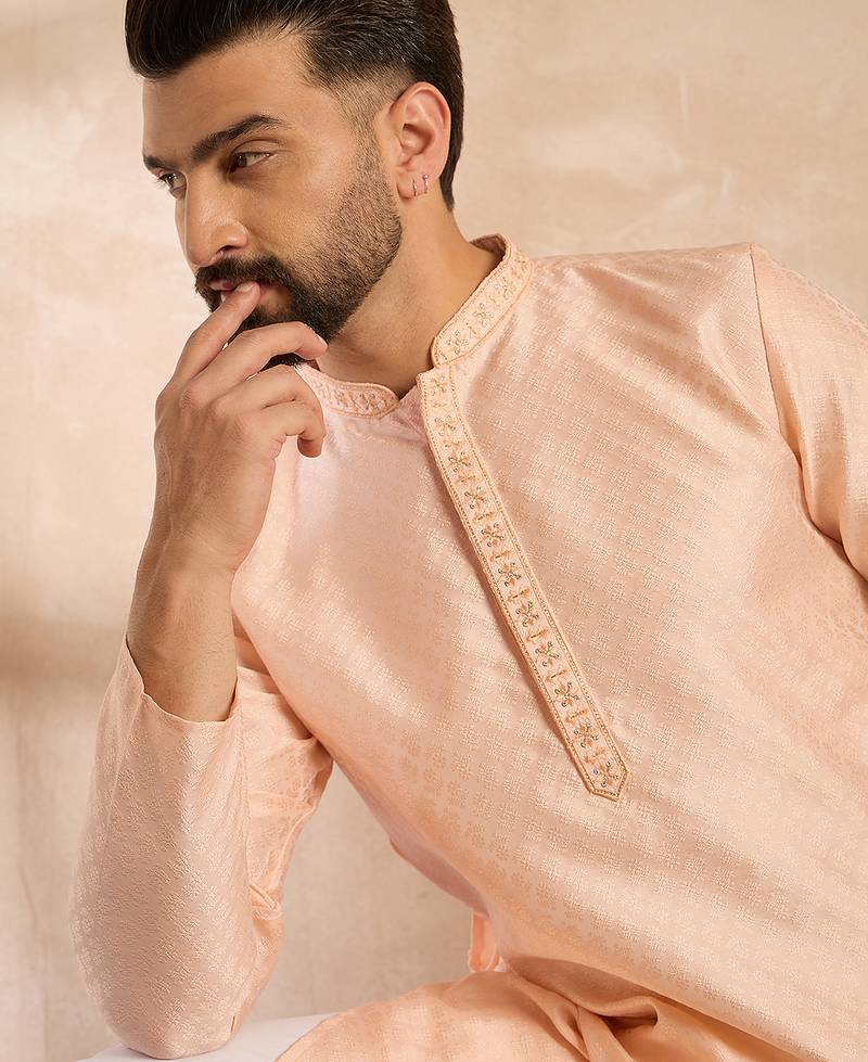Men peach polyester solid embroidered straight kurta
