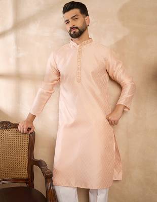 Men peach polyester solid embroidered straight kurta 3