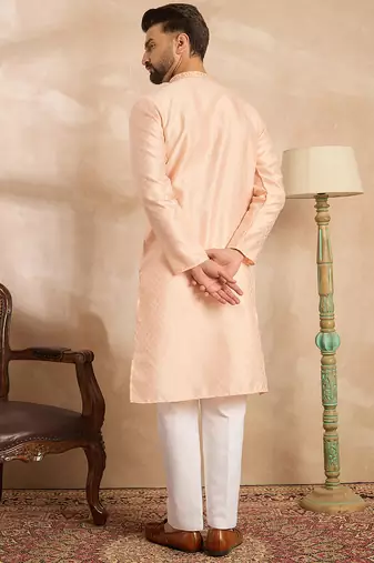 Men peach polyester solid embroidered straight kurta