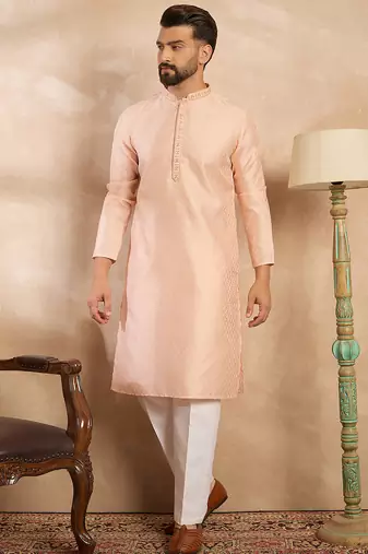 Men peach polyester solid embroidered straight kurta