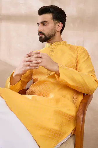 Men yellow silk blend solid embroidered straight kurta
