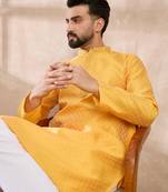 Men yellow silk blend solid embroidered straight kurta
