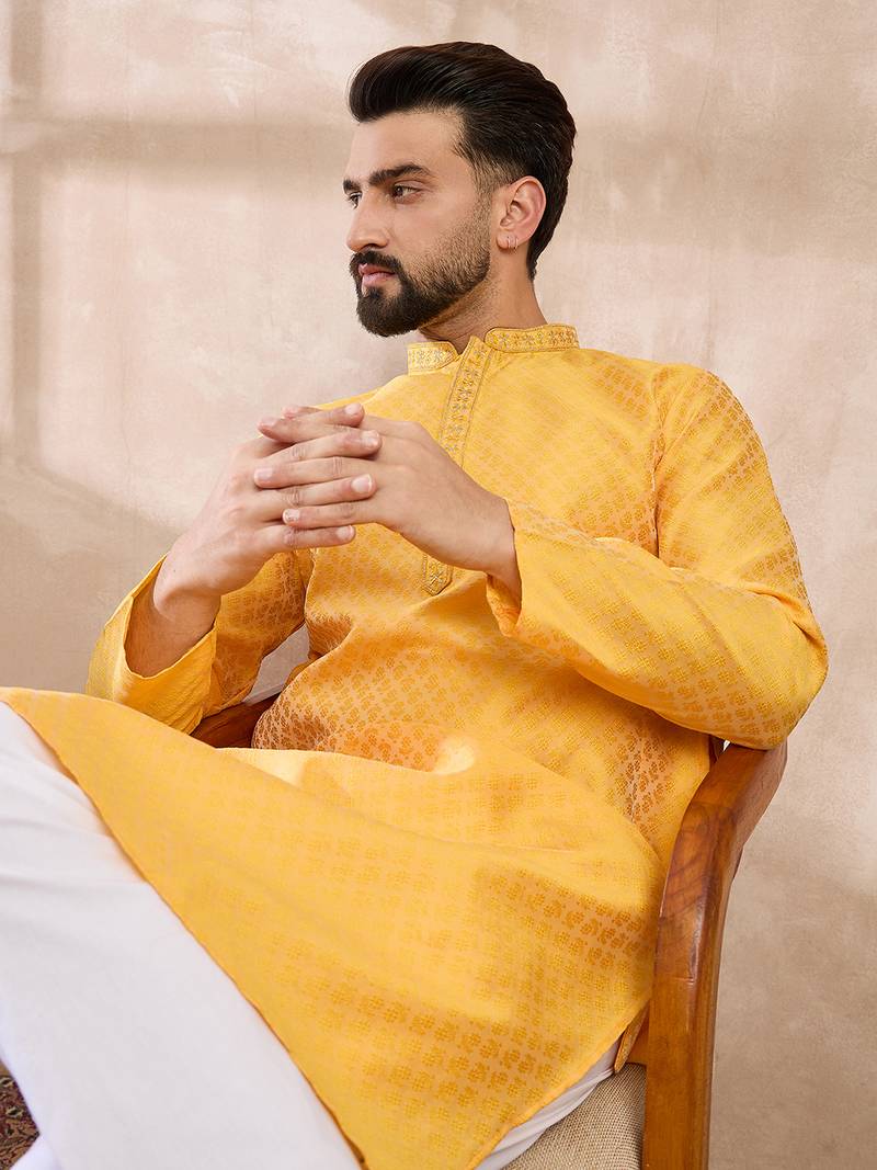 Men yellow silk blend solid embroidered straight kurta