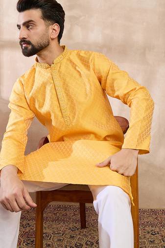 Men yellow silk blend solid embroidered straight kurta