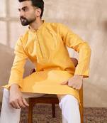 Men yellow silk blend solid embroidered straight kurta