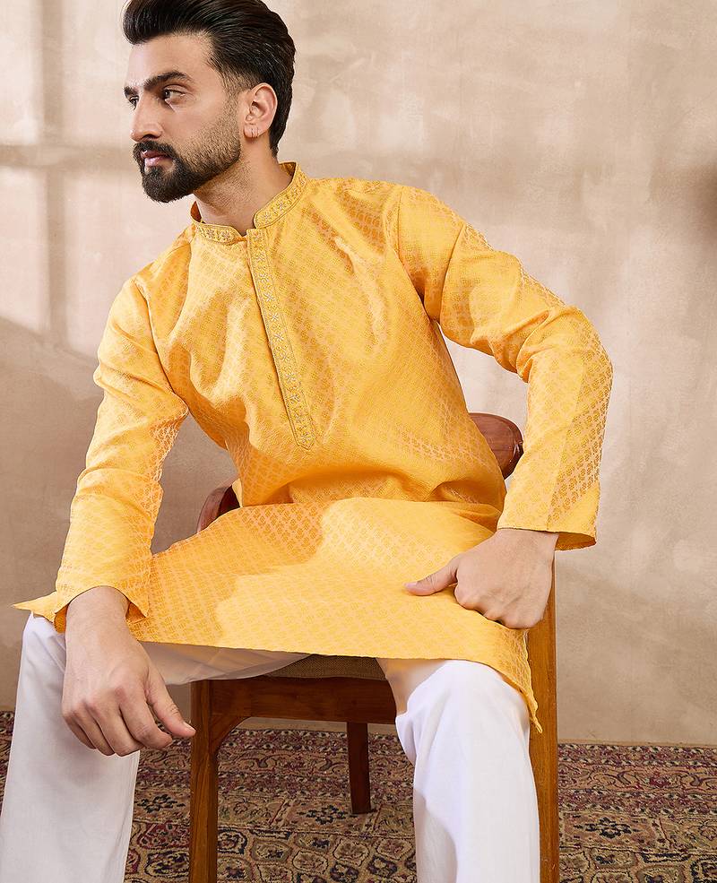Men yellow silk blend solid embroidered straight kurta