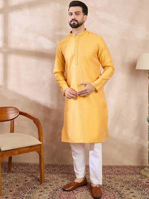 Men yellow silk blend solid embroidered straight kurta 2