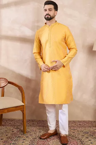 Men yellow silk blend solid embroidered straight kurta