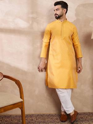 Men yellow silk blend solid embroidered straight kurta 3
