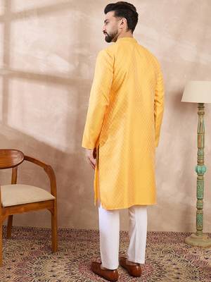 Men yellow silk blend solid embroidered straight kurta 4