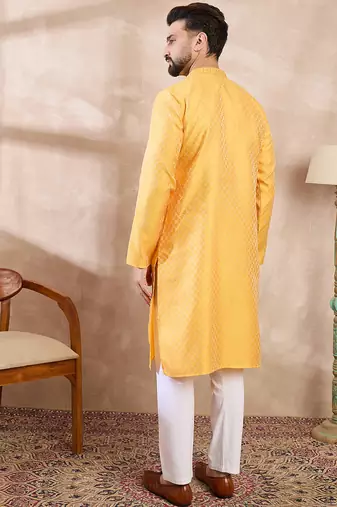 Men yellow silk blend solid embroidered straight kurta