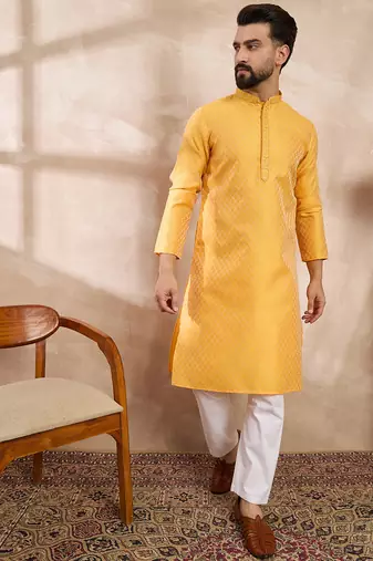 Men yellow silk blend solid embroidered straight kurta