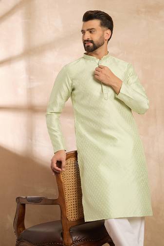 Men teal polyester solid embroidered straight kurta