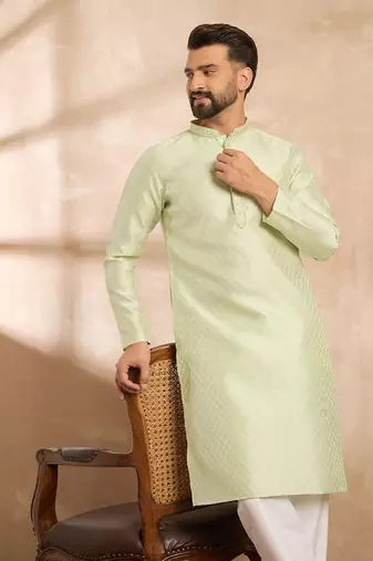 Men teal polyester solid embroidered straight kurta