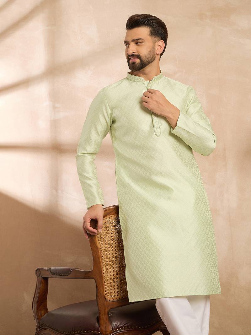 Men teal polyester solid embroidered straight kurta