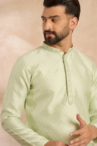Men teal polyester solid embroidered straight kurta