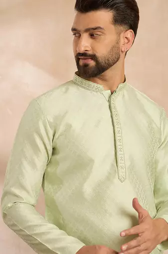 Men teal polyester solid embroidered straight kurta