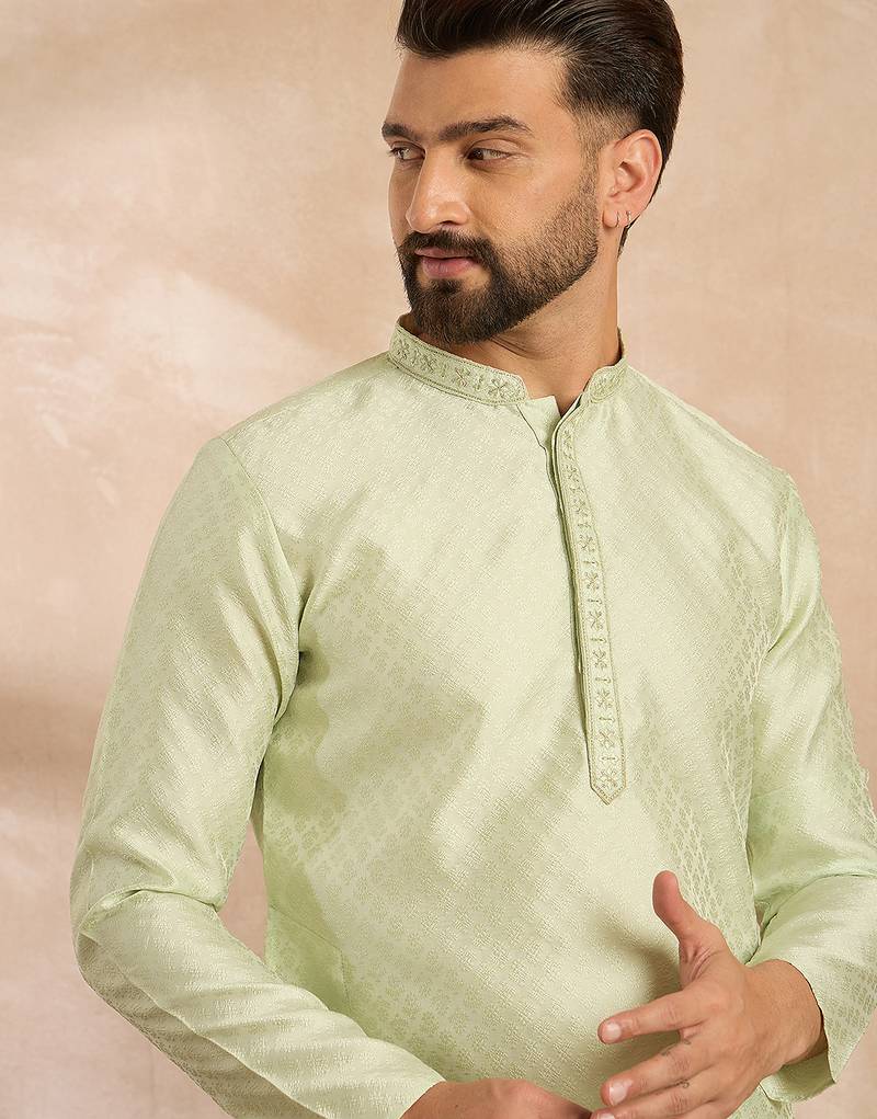 Men teal polyester solid embroidered straight kurta