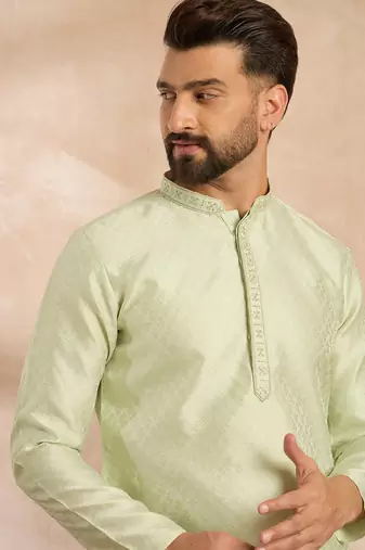 Men teal polyester solid embroidered straight kurta