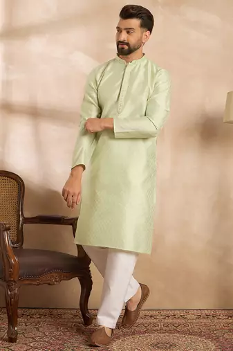 Men teal polyester solid embroidered straight kurta