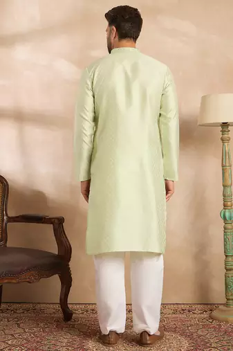 Men teal polyester solid embroidered straight kurta