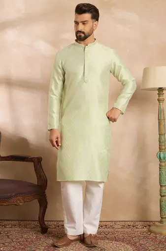 Men teal polyester solid embroidered straight kurta