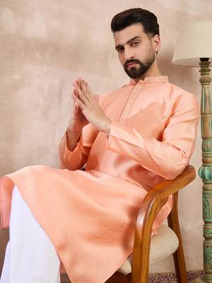 Men peach silk blend solid embroidered straight kurta 1
