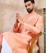 Men peach silk blend solid embroidered straight kurta