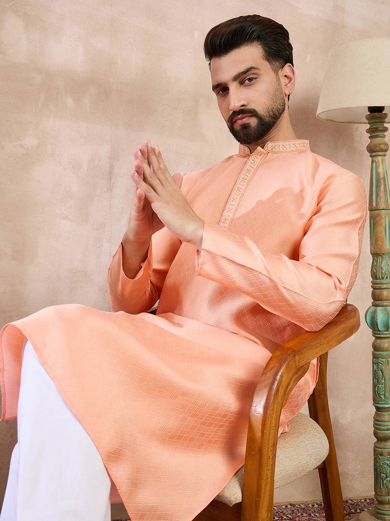 Men peach silk blend solid embroidered straight kurta