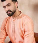Men peach silk blend solid embroidered straight kurta