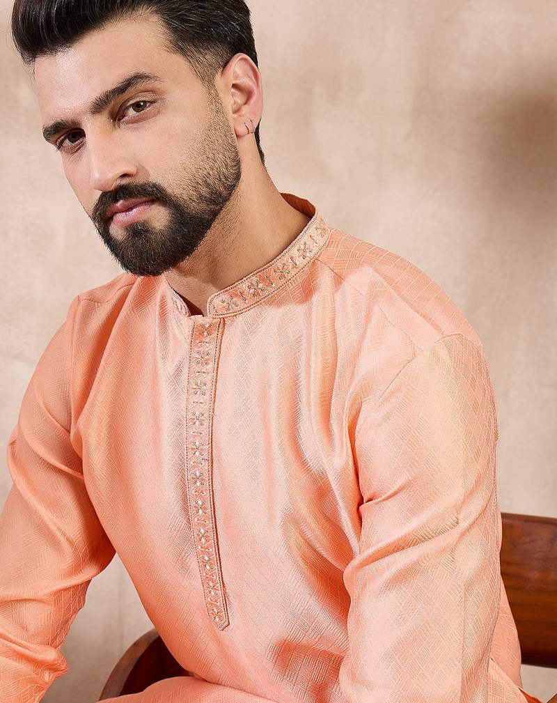 Men peach silk blend solid embroidered straight kurta