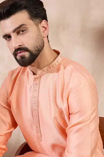 Men peach silk blend solid embroidered straight kurta