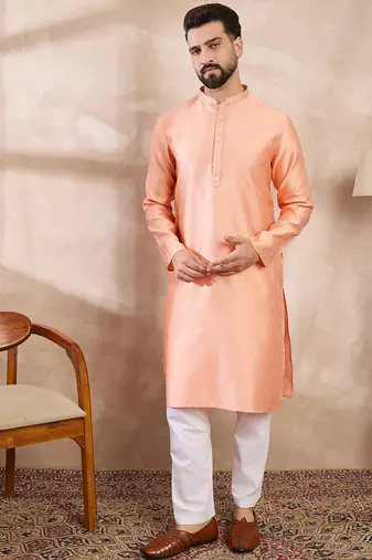 Men peach silk blend solid embroidered straight kurta