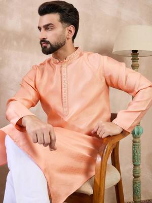 Men peach silk blend solid embroidered straight kurta 5