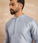 Men blue polyester solid embroidered straight kurta