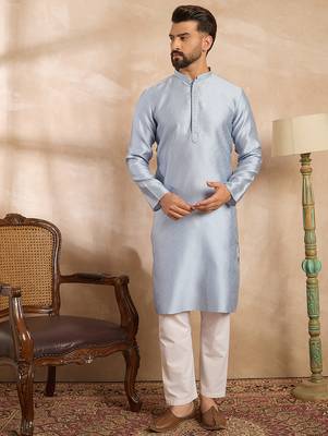 Men blue polyester solid embroidered straight kurta 2